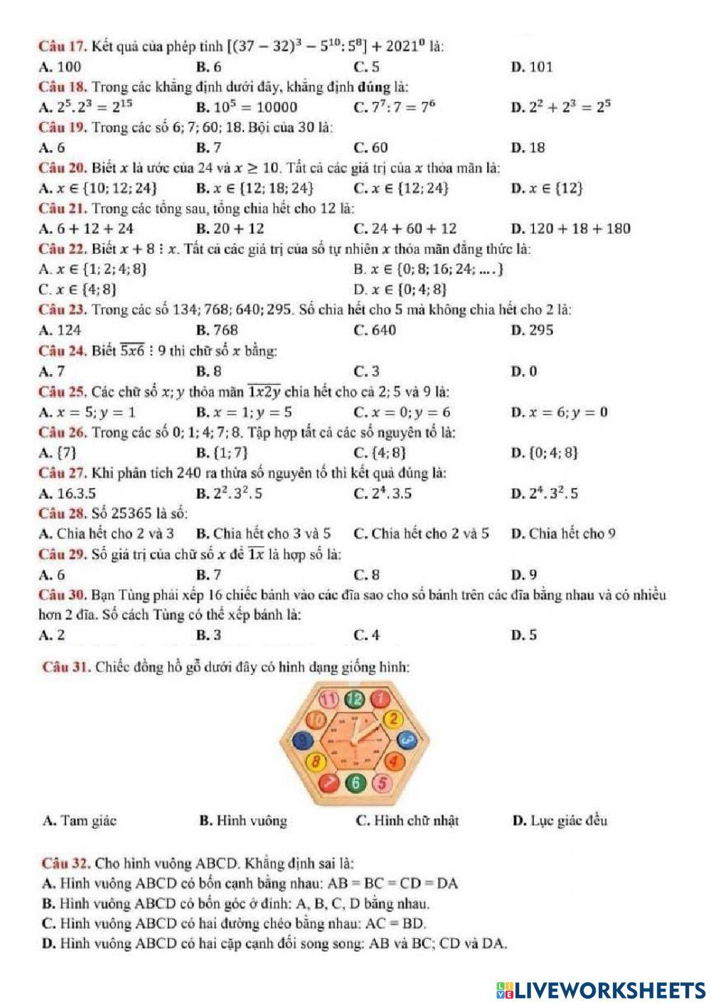 Trắc nghiệm giữa HK1 Toán 6 2