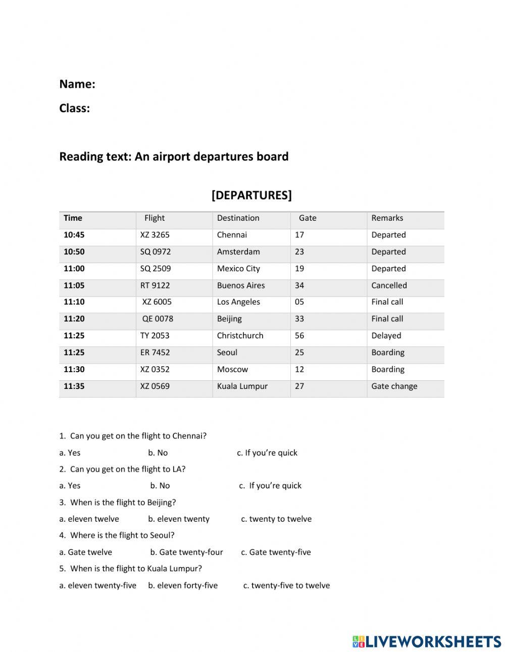 Reading text: An airport departures board