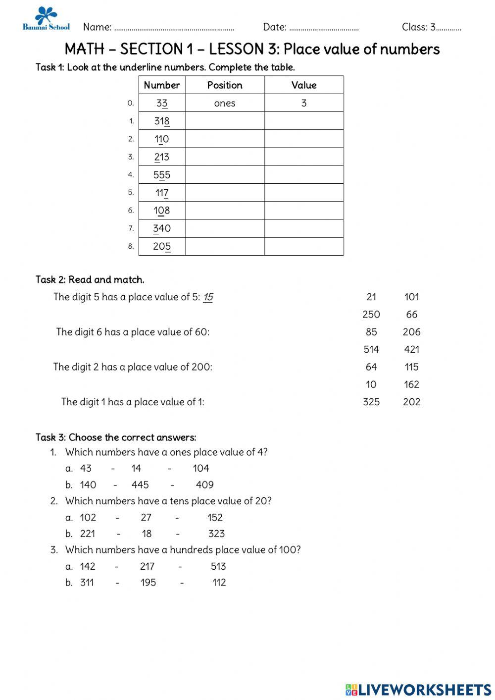 Place value of numbers
