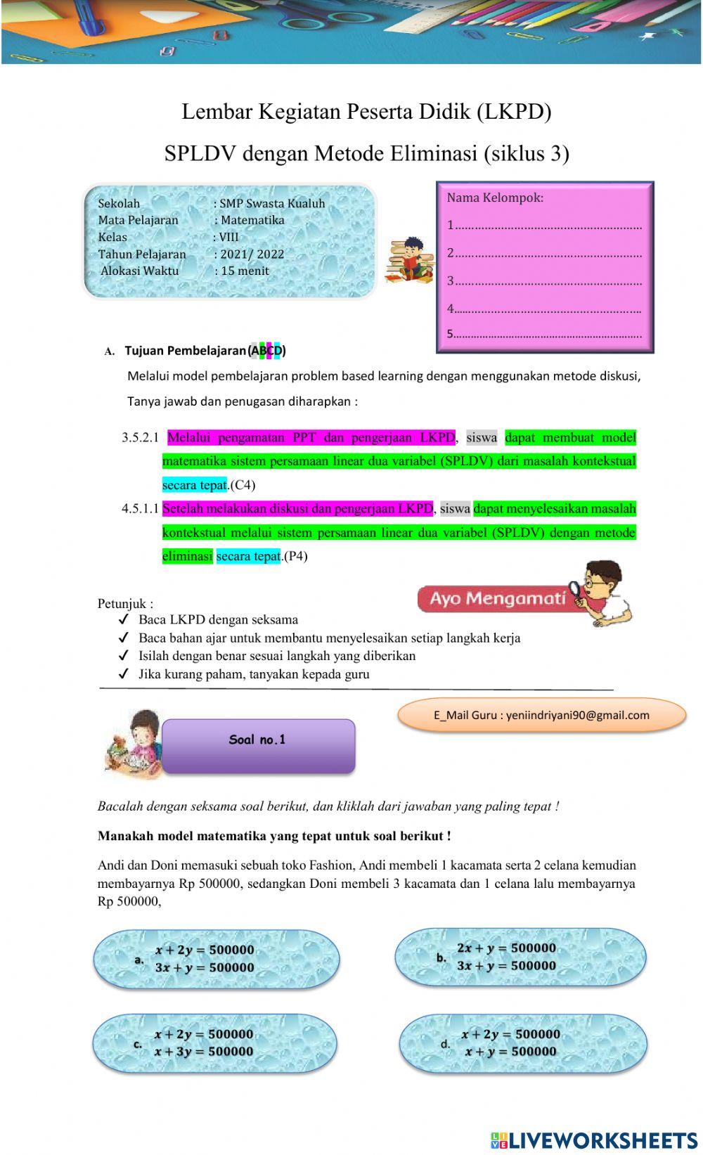 SPLDV dengan Metode Eliminasi (siklus 3)