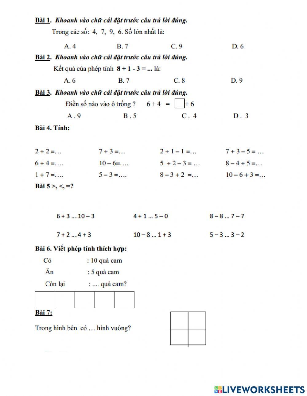 Phép cộng, trừ trong phạm vi 10