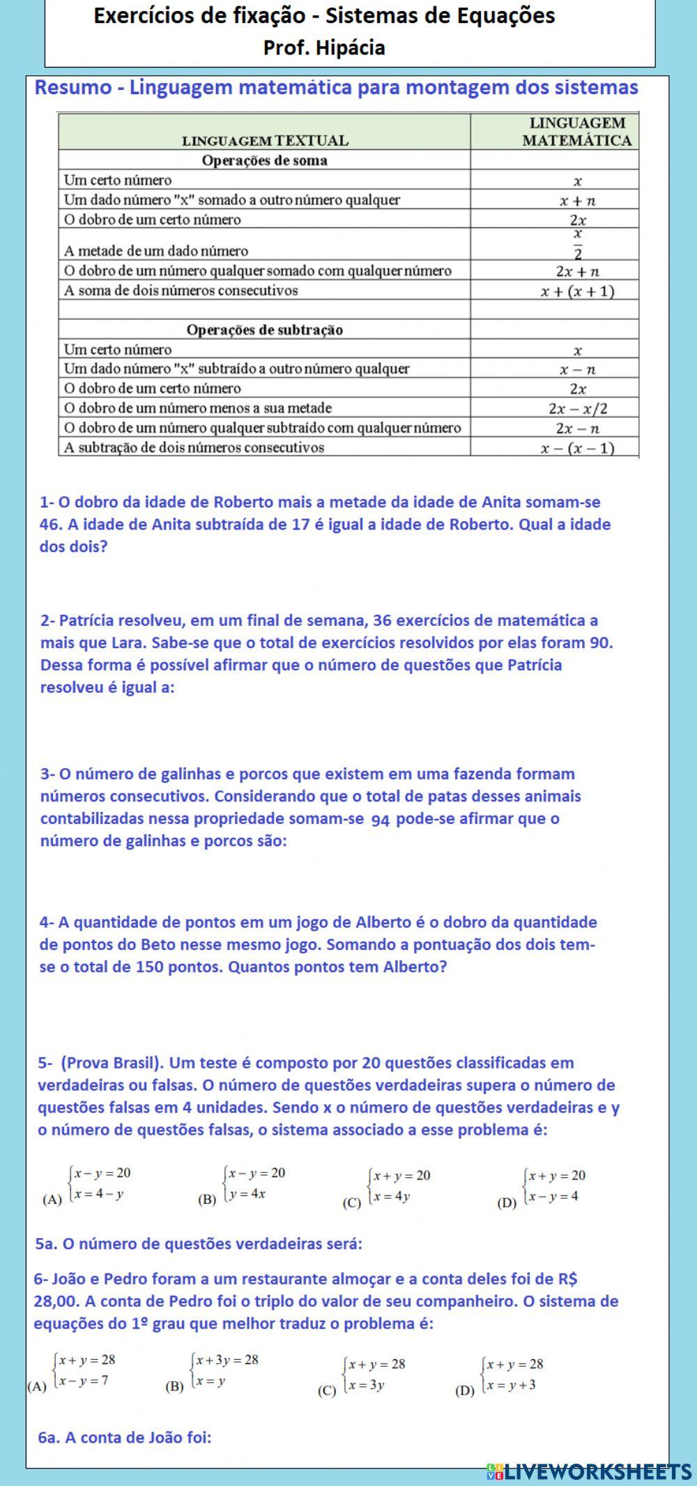 Sistemas de Equações situações problemas e linguagem matemática