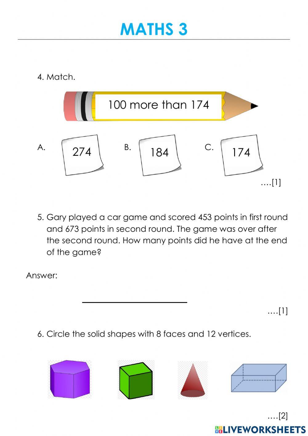 First Term Examination in Maths (Year 3)