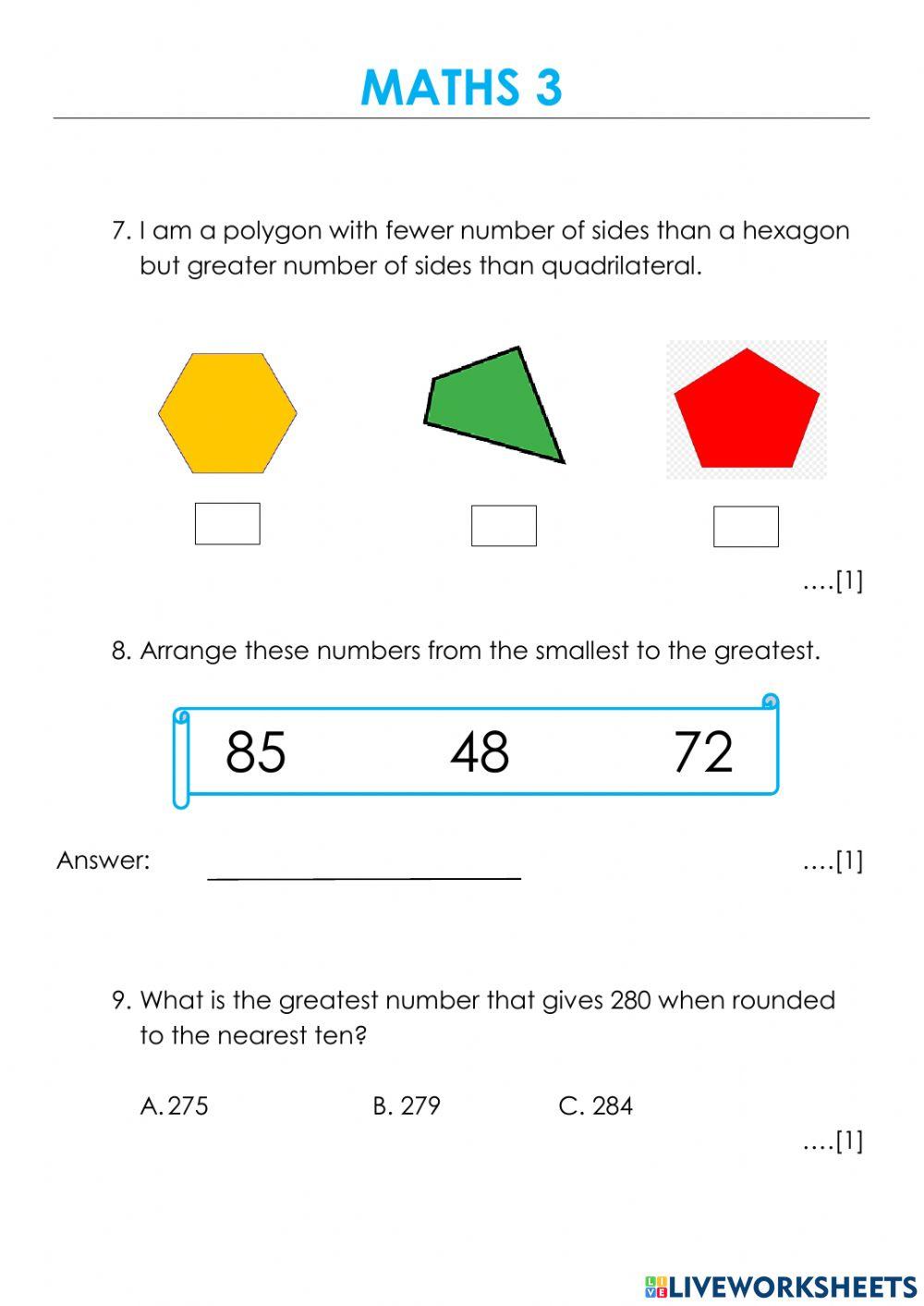 First Term Examination in Maths (Year 3)