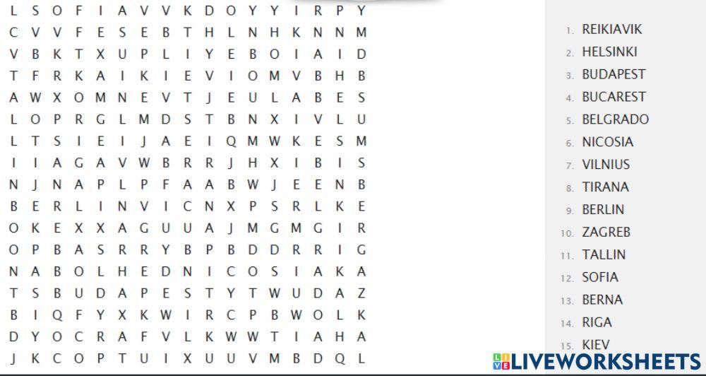 Sopa de letras capitales de Europa Sopa de letras capitales de Europa