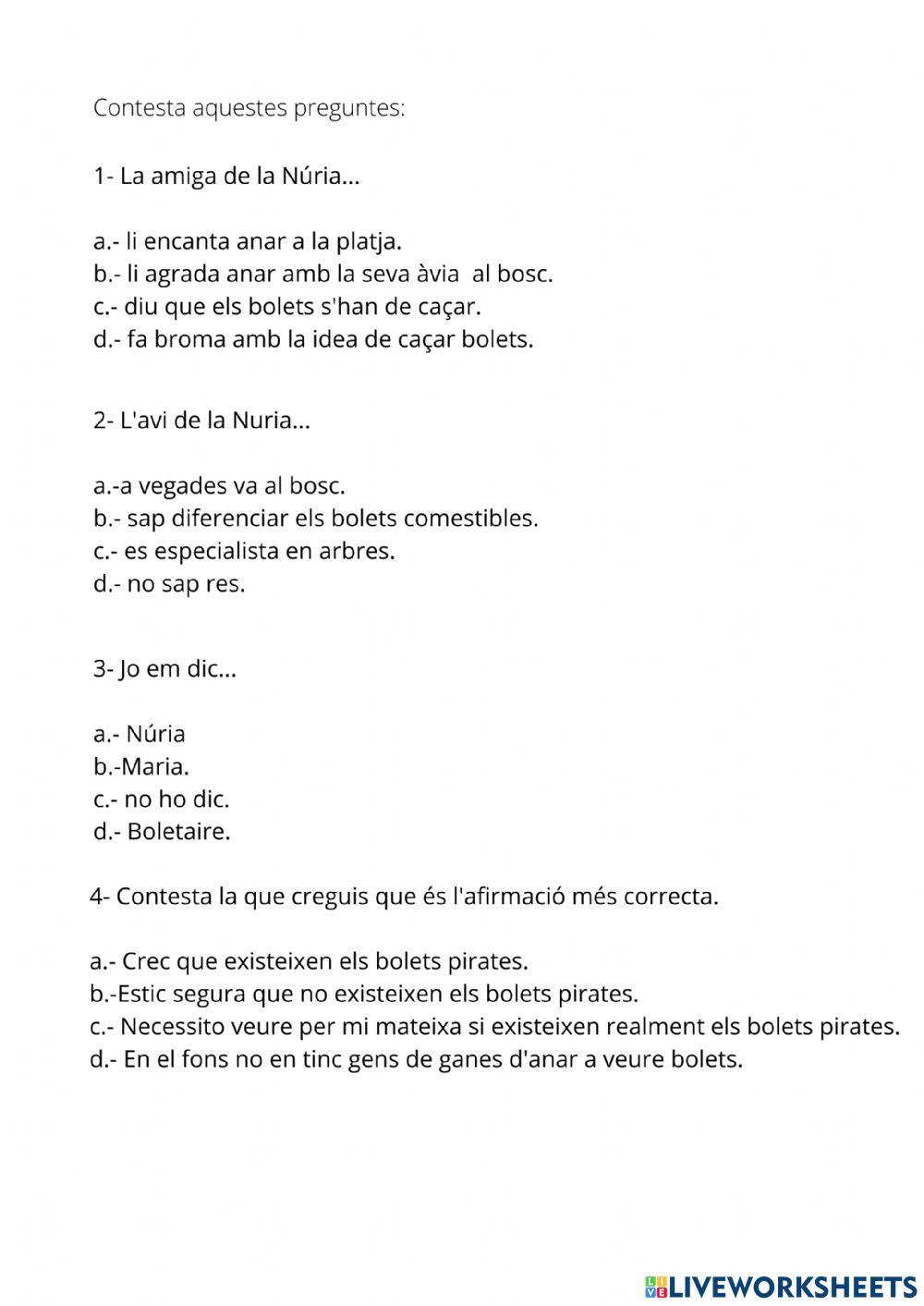 Cacem bolets. Comprensió lectora.