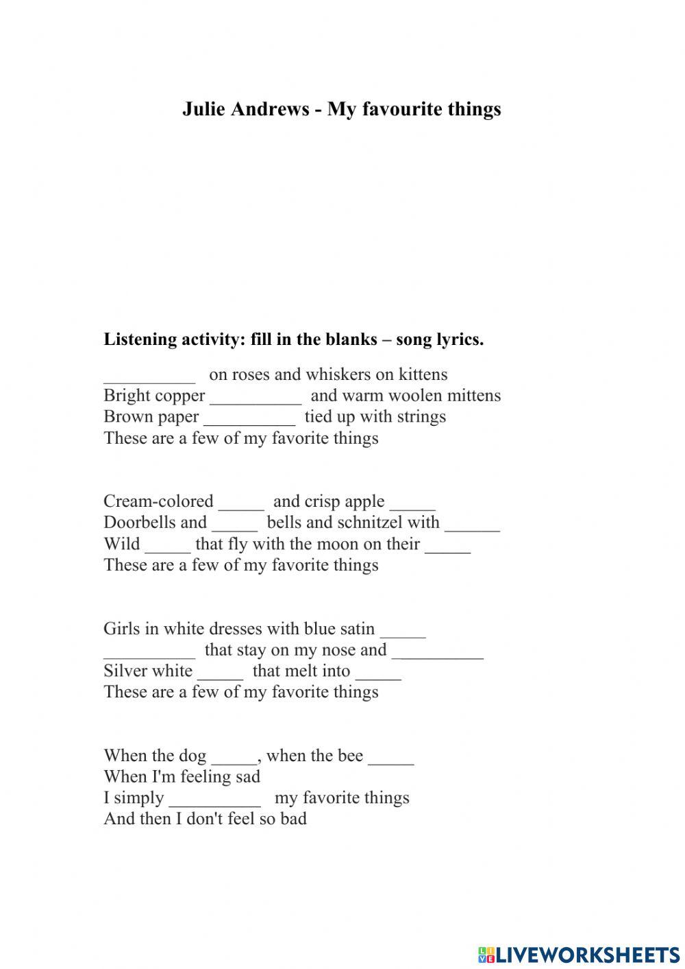 Julie Andrews My favorite things worksheet Live Worksheets