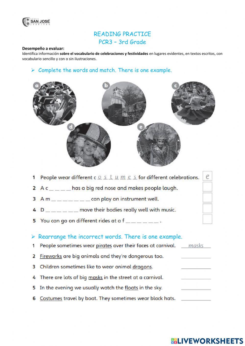 Reading celebrations vocabulary