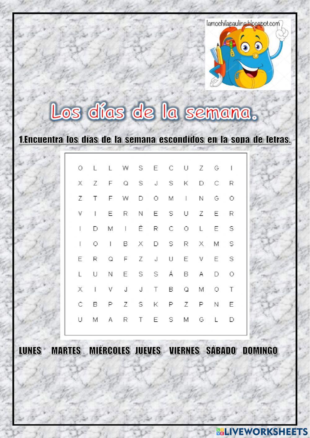 Los días de la semana worksheet for 1º DE PRIMARIA Live Worksheets