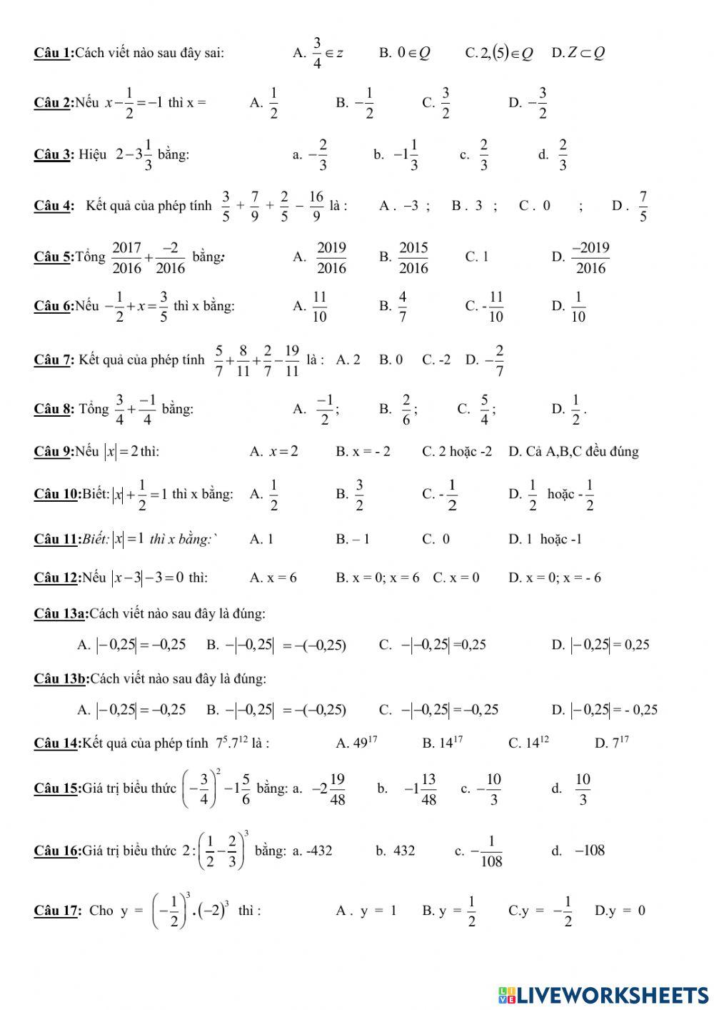 Trắc nghiệm giữa HK1 Toán 7 3