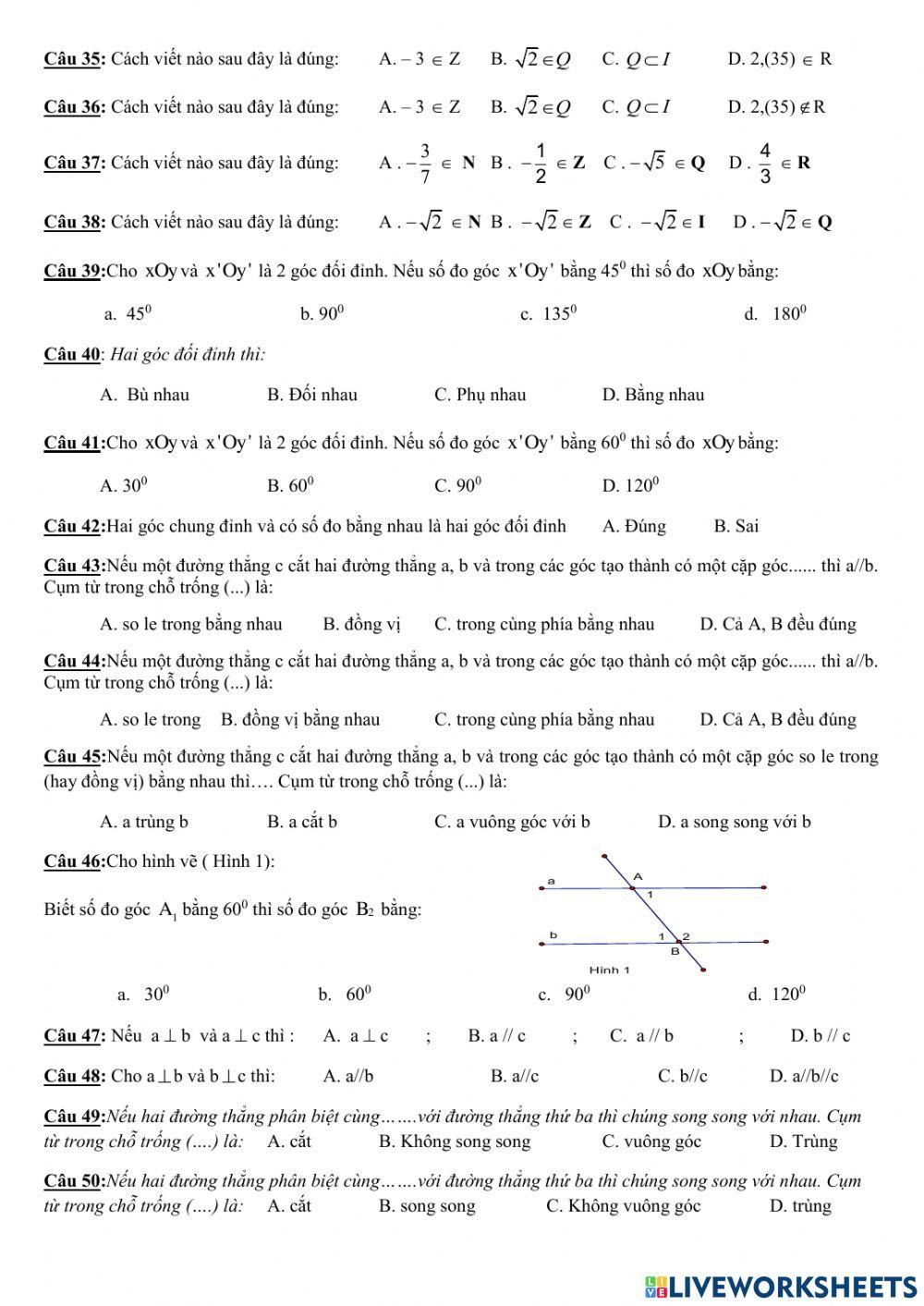 Trắc nghiệm giữa HK1 Toán 7 3
