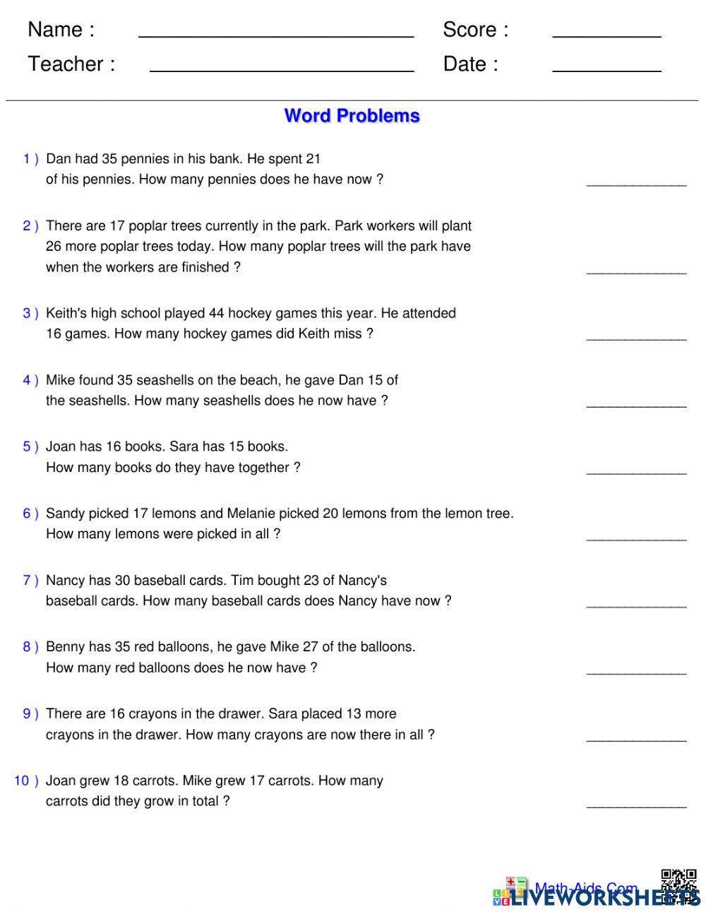 Problem Solving - Addition & Subtraction worksheet | Live Worksheets