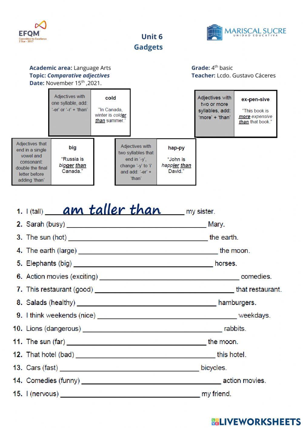 Comparative worksheet (atg excersice)