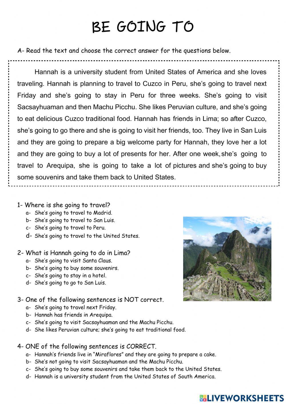 Reading be going to online exercise for live worksheets
