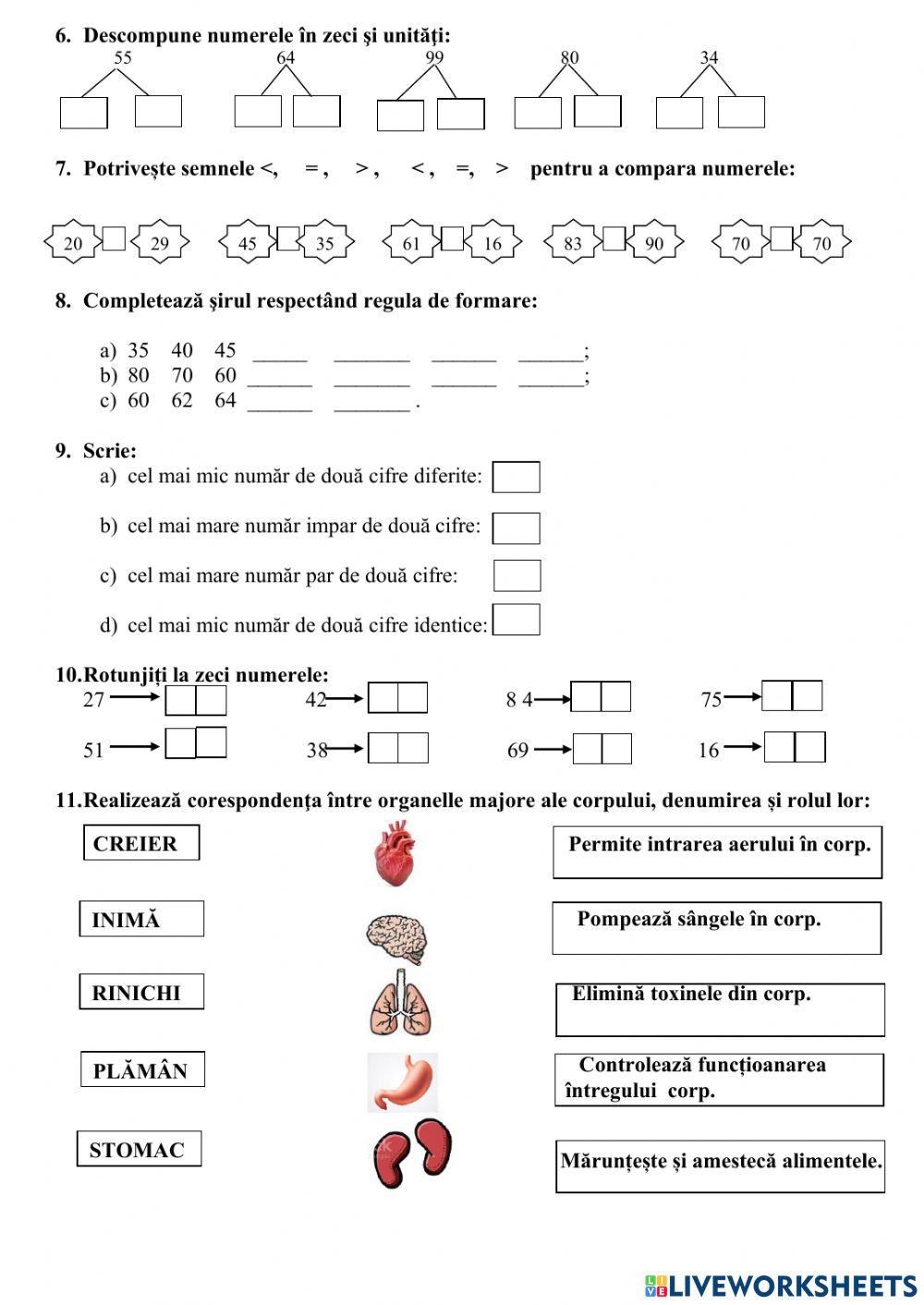 Numerele naturale de la 0 la 100. Corpul uman