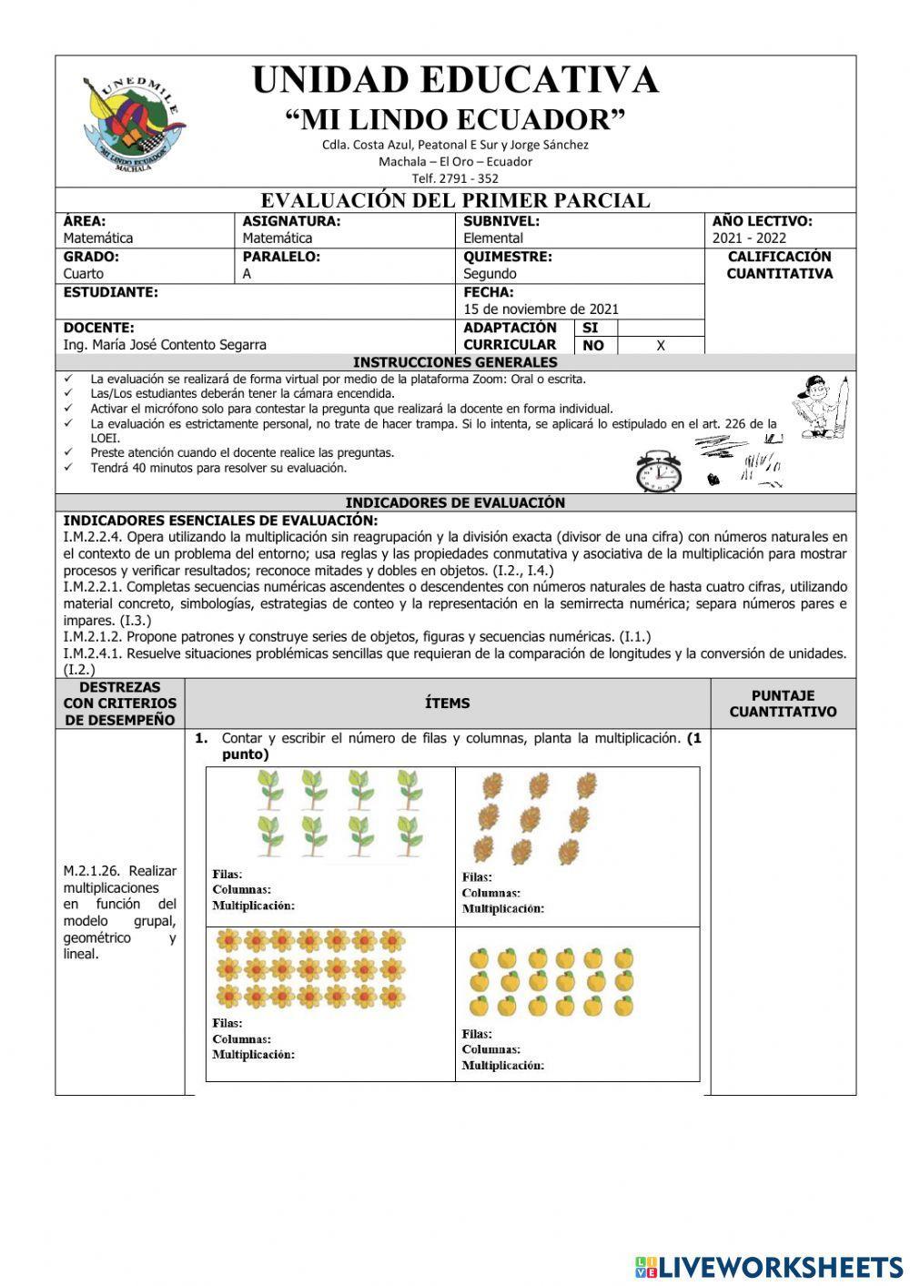 Evaluación del Primer Parcial de Matemática del Segundo Quimestre