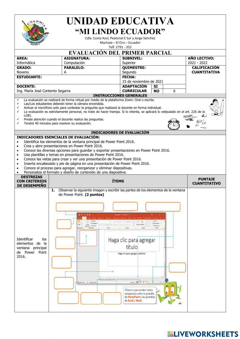 Evaluación del Primer Parcial de Computación Noveno del Segundo Quimestre