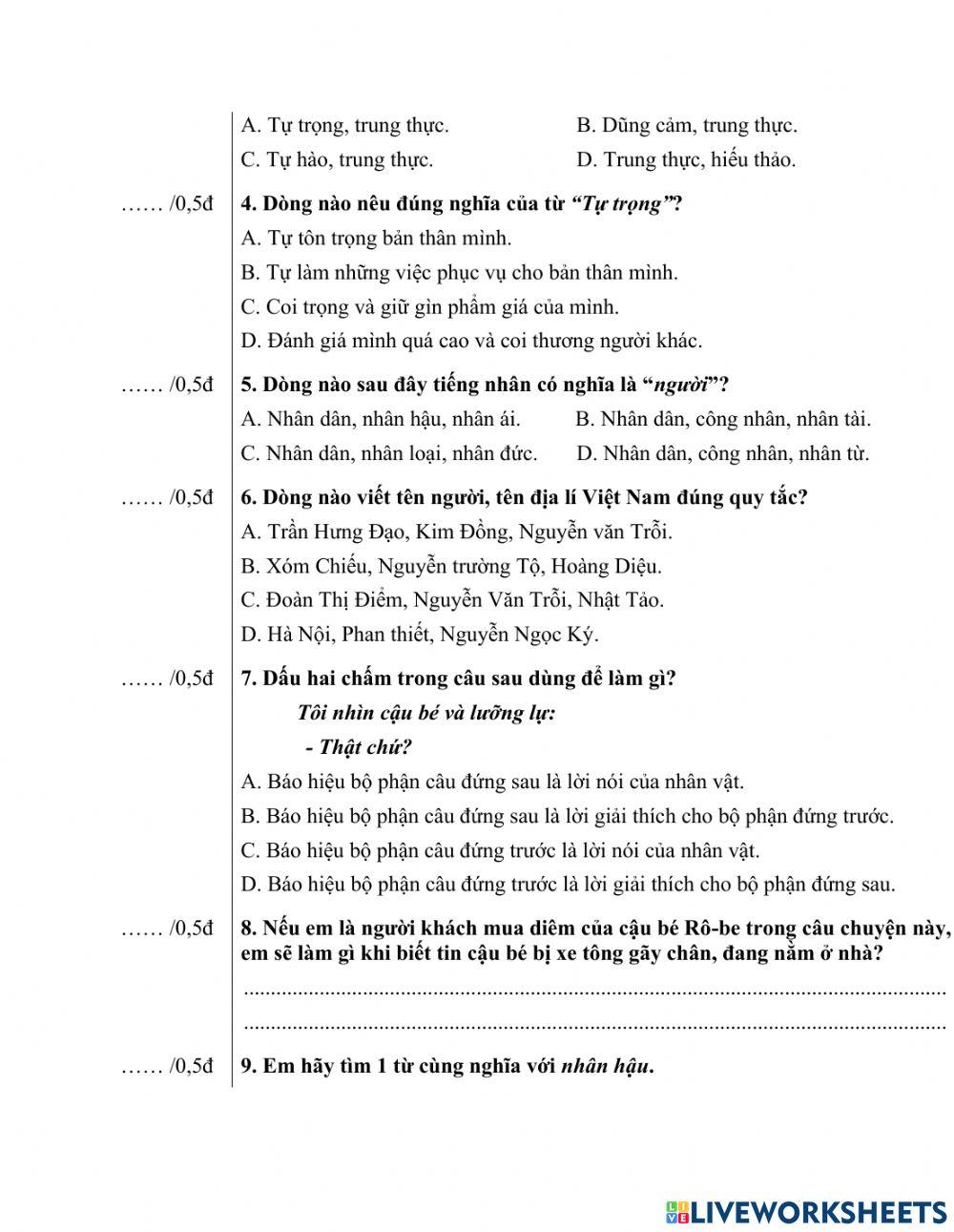 Đề đọc hiểu lớp 4