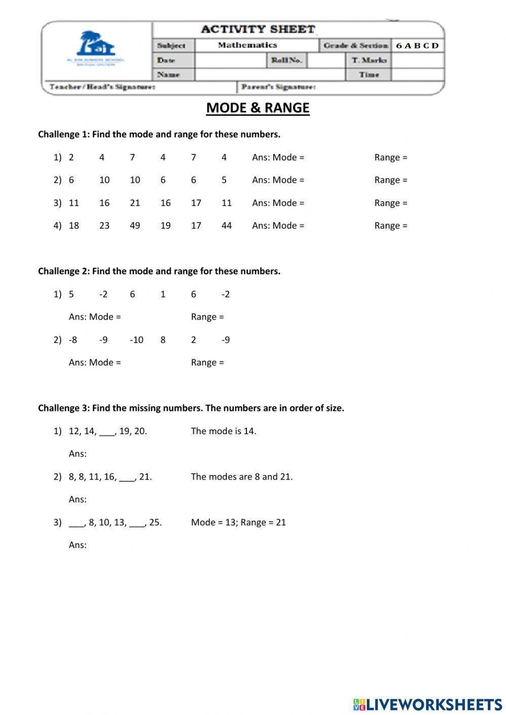 Mode & Range Worksheet worksheet | Live Worksheets