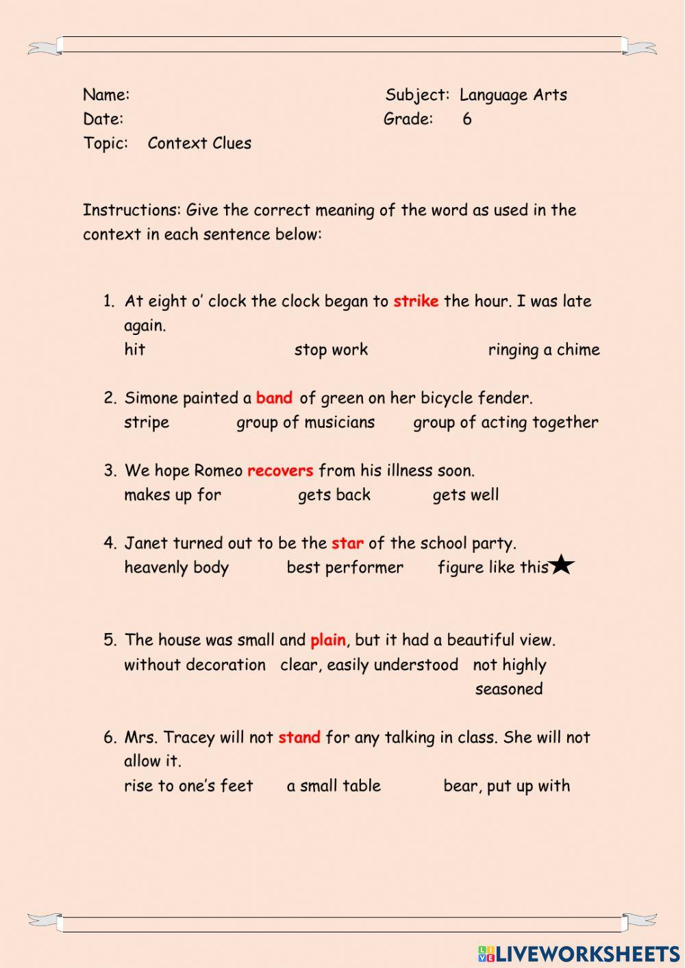 Context Clues online worksheet for 4 - 6 | Live Worksheets