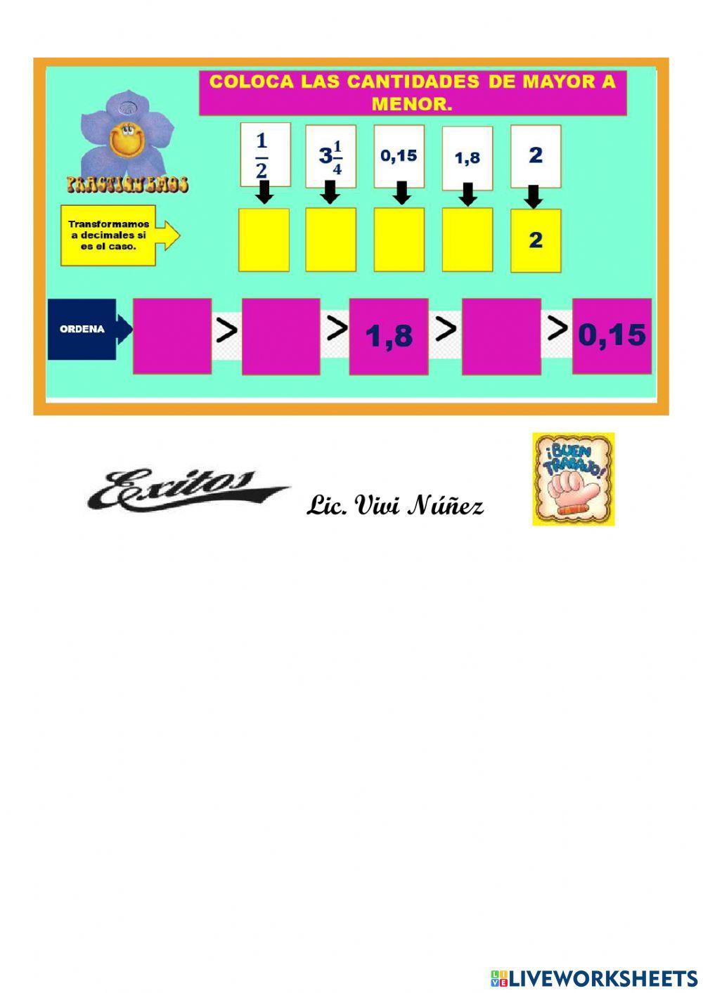 Comparacion de números fraccionarios, naturales y decimales