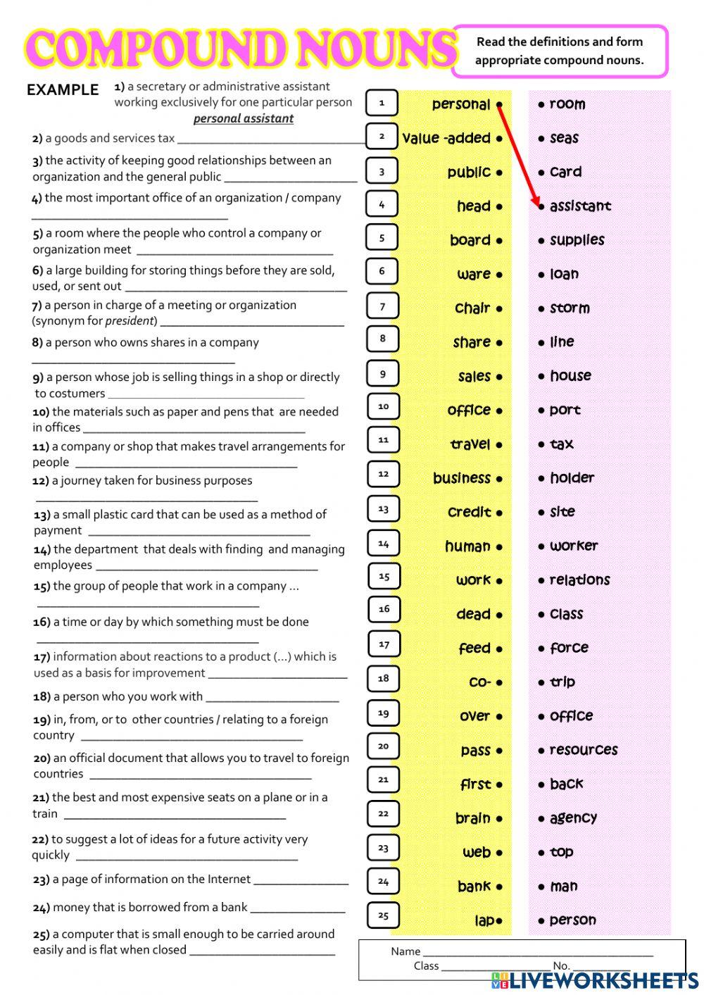 Compound Nouns online exercise for Live Worksheets