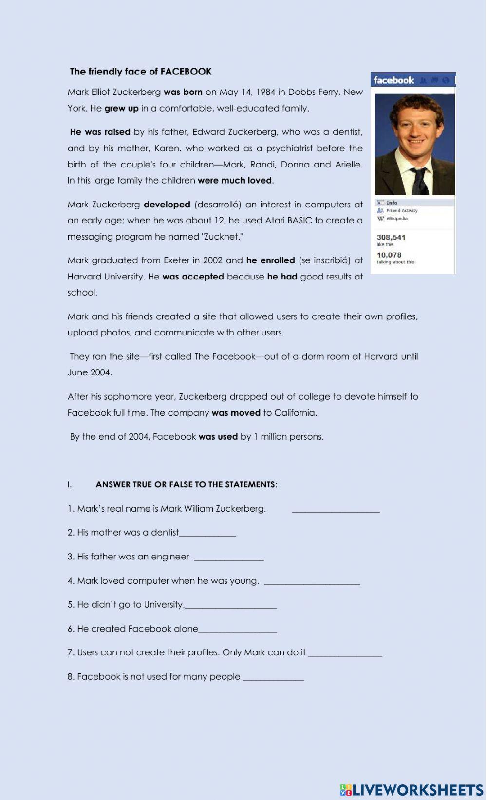 MARK ZUCKERBERG ENTREPRENEUR online exercise for Live Worksheets