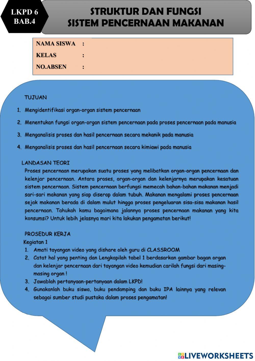 Lkpd 6 bab 4 struktur dan fungsi pencernaan makanan