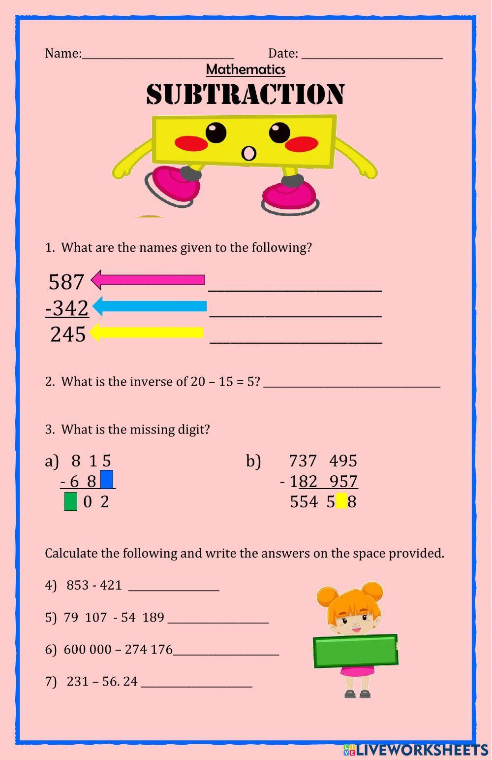 Subtraction Worksheet Subtraction Worksheet