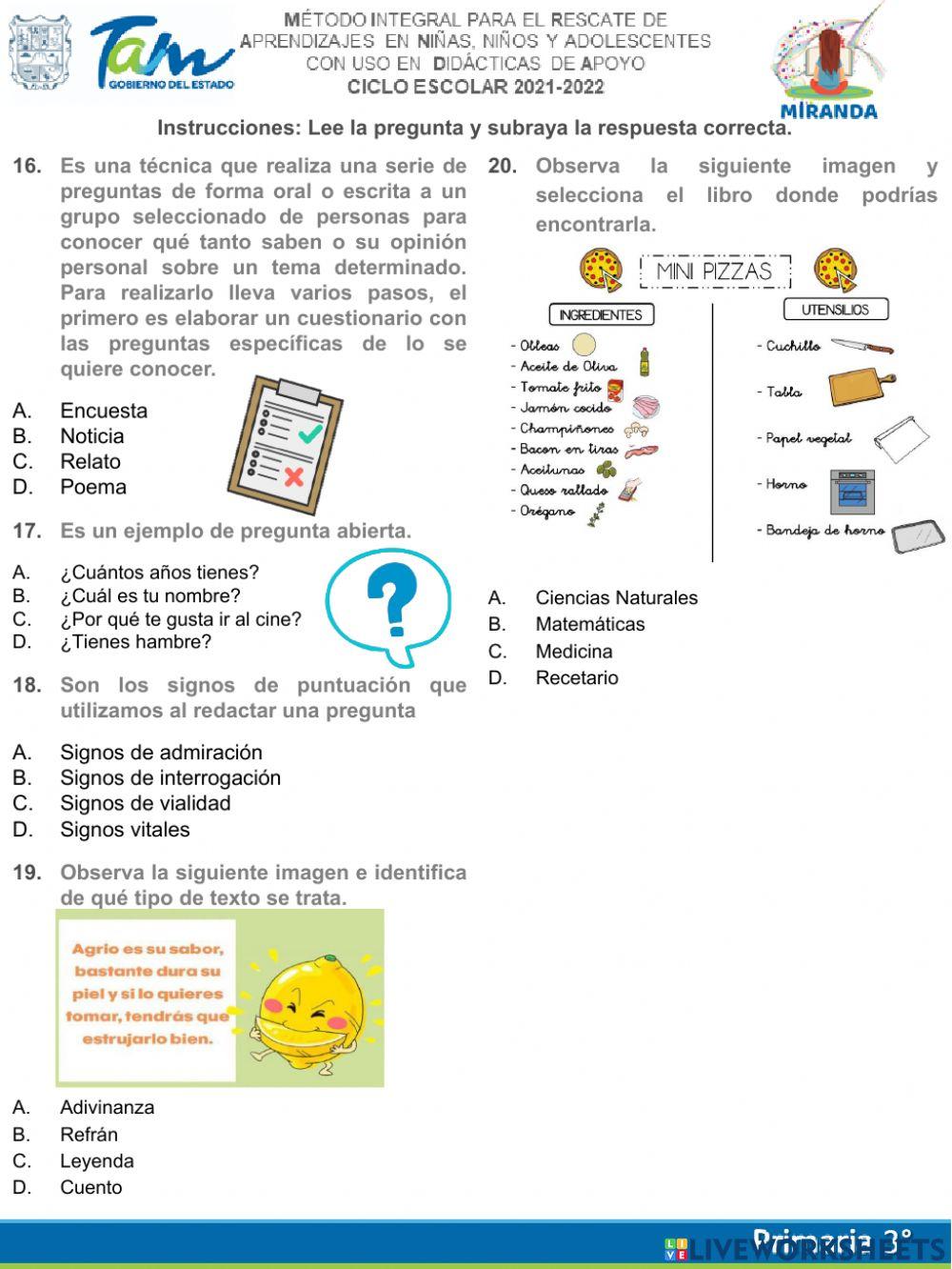 EXAMEN BLOQUE I CUARTO GRADO MIRANDA Español