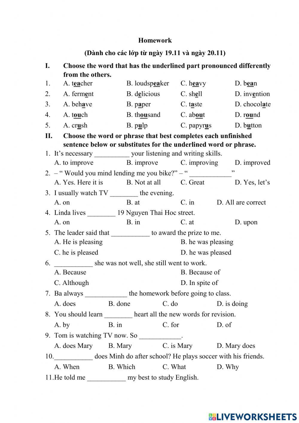 Homework for teens activity | Live Worksheets