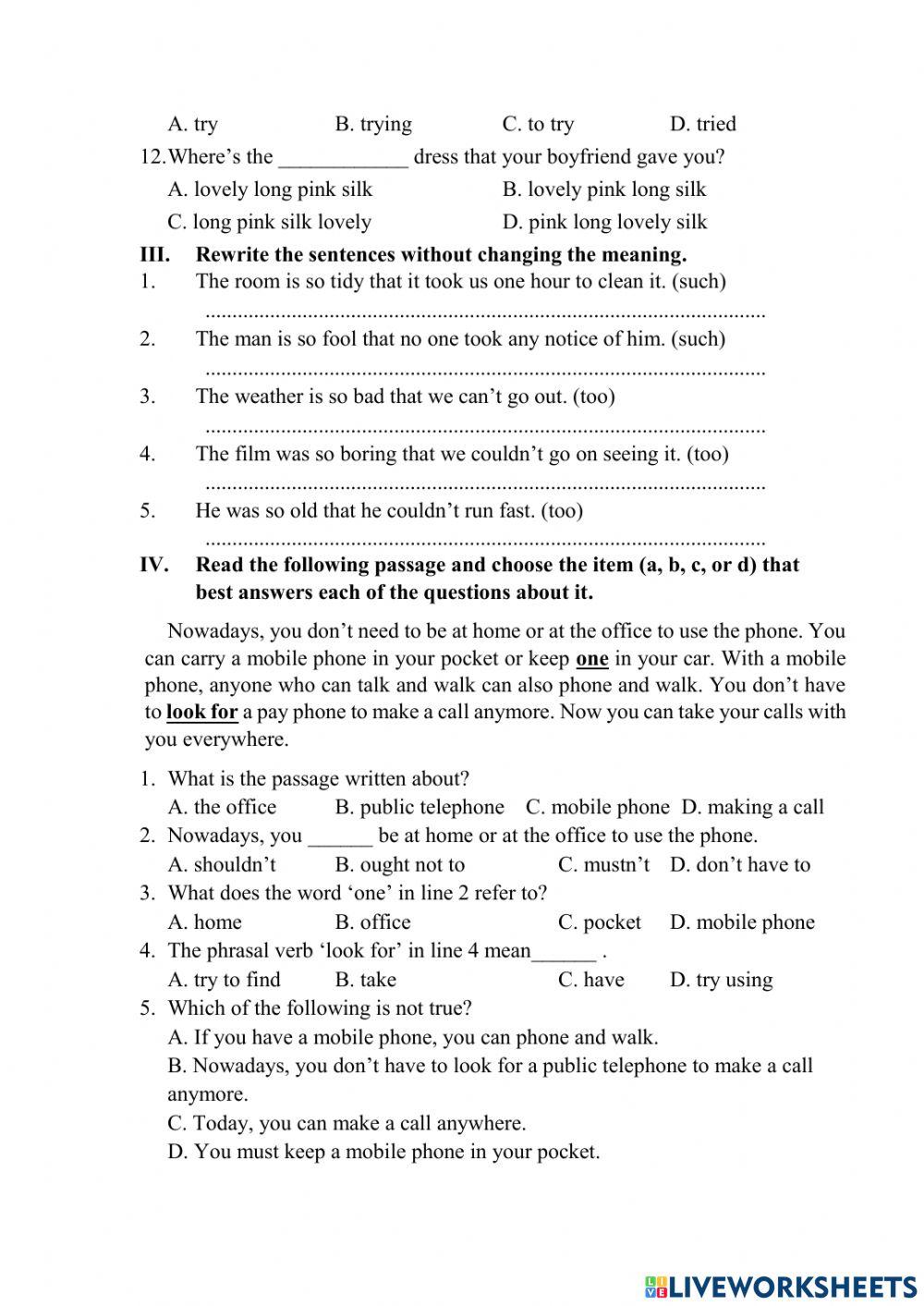 Homework for teens activity | Live Worksheets