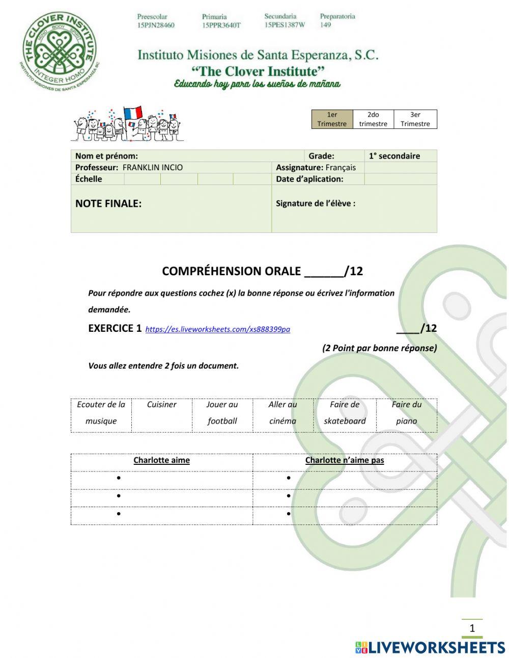 Examen clover institute primero secundaria