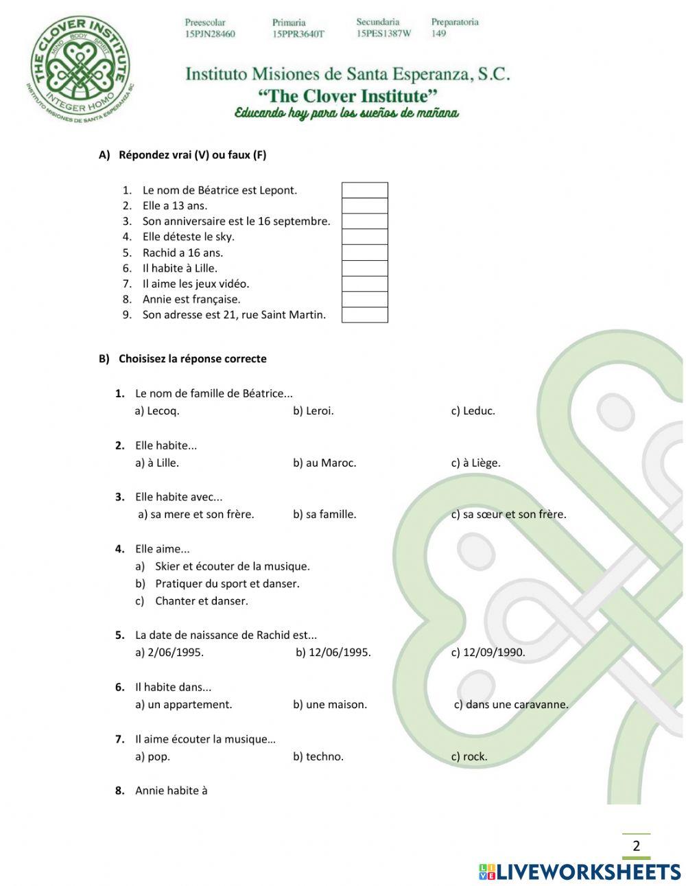 Examen clover institute francés segundo secundaria