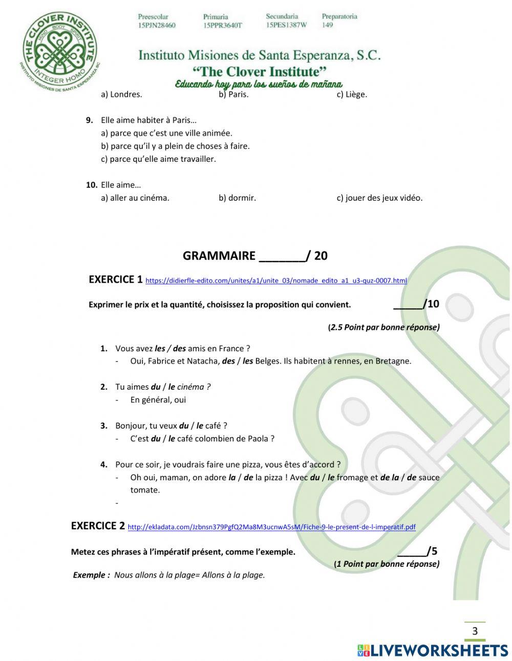 Examen clover institute francés segundo secundaria