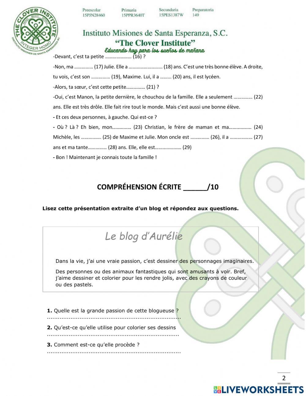 Examen clover institute francés tercero de secundaria