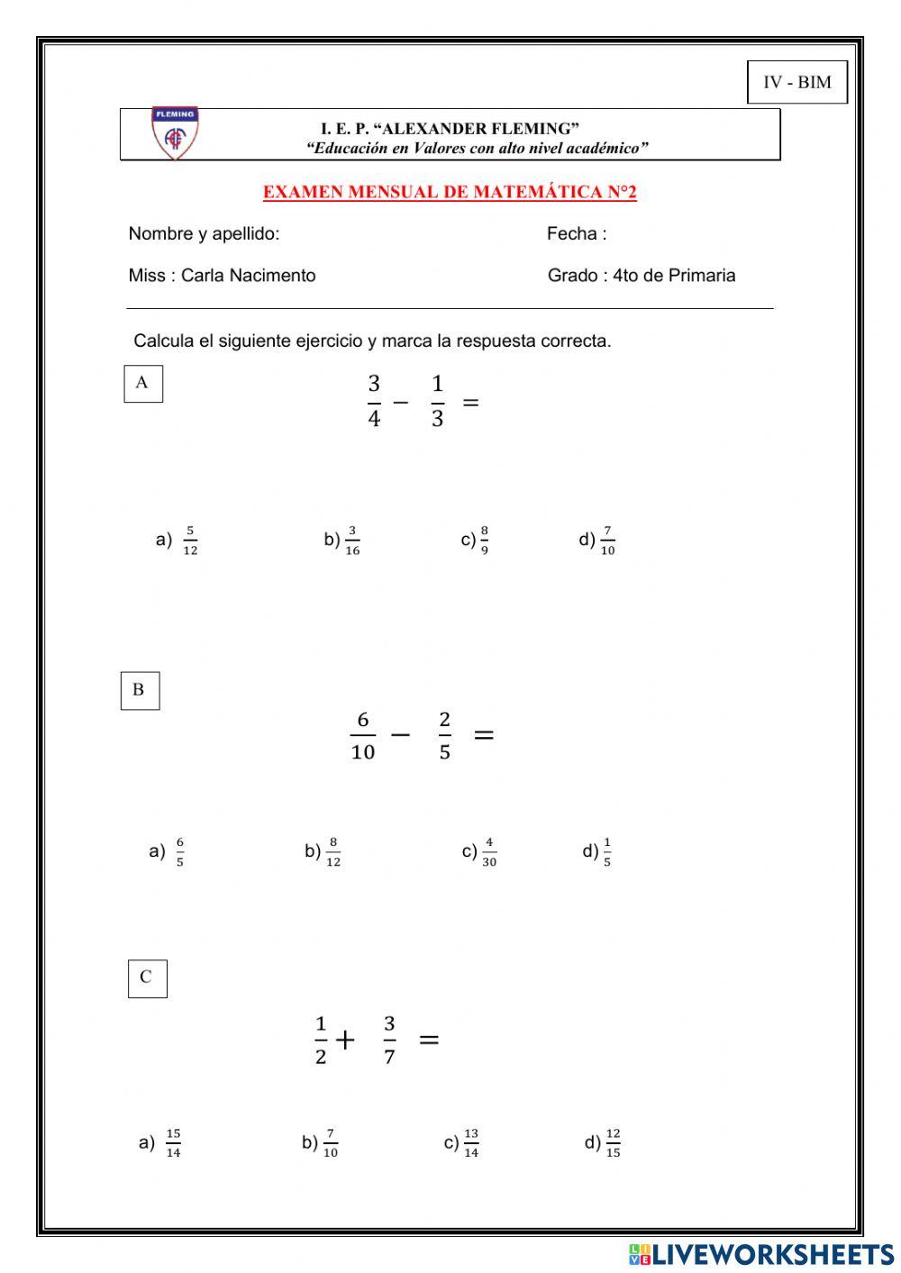 Examen de recuperación e matemática