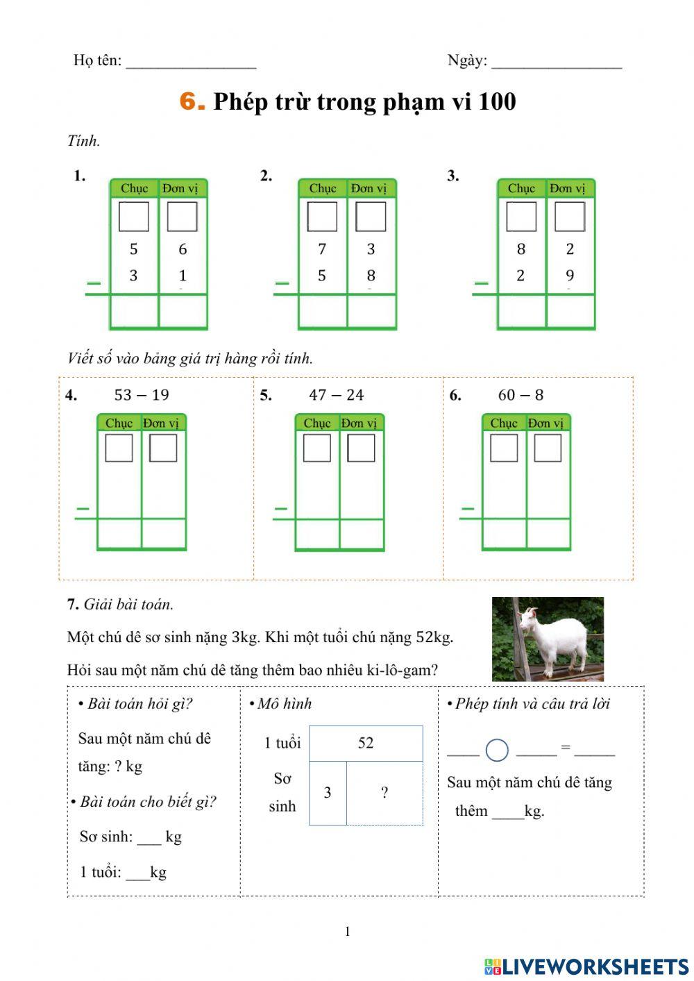 Phép trừ phạm vi 100