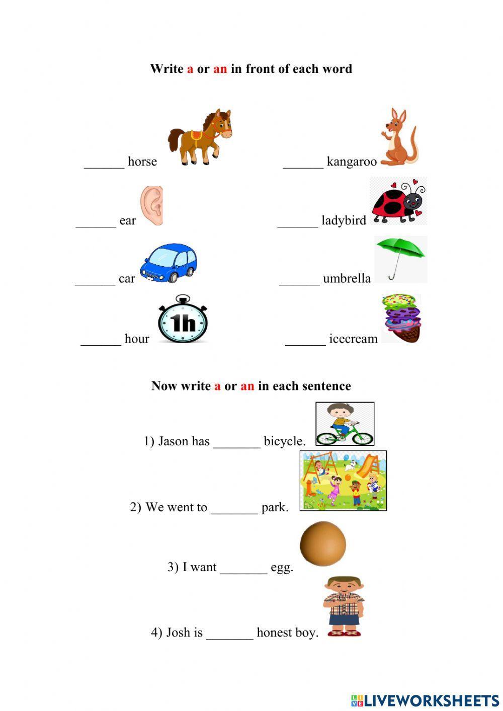 The use of a and an (with exceptions hour and honest) worksheet | Live ...
