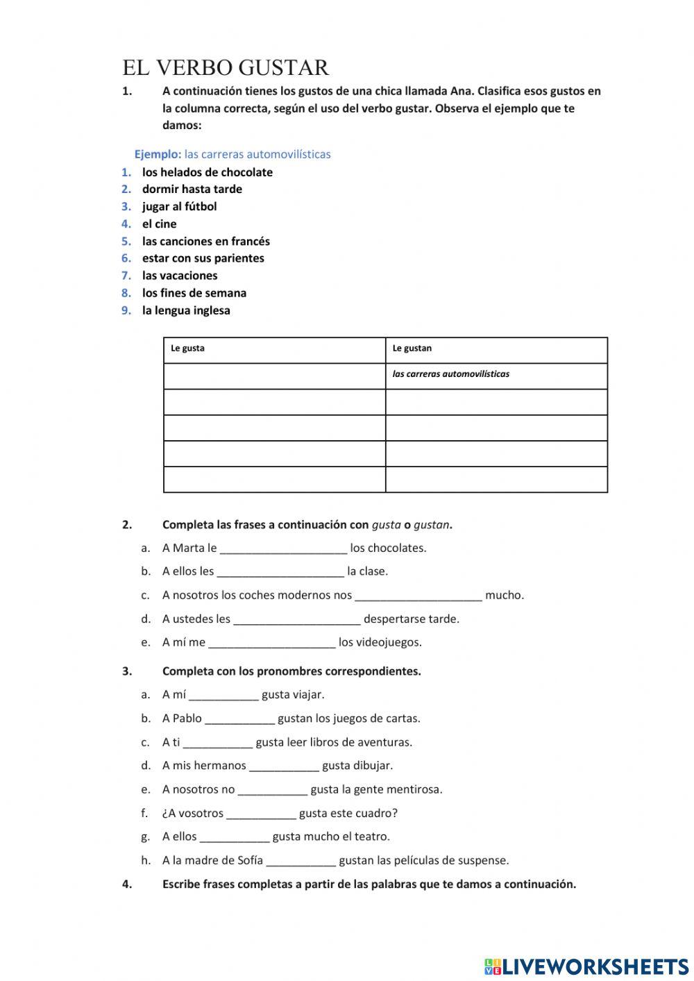 Verbo Gustar online exercise for 6 Live Worksheets