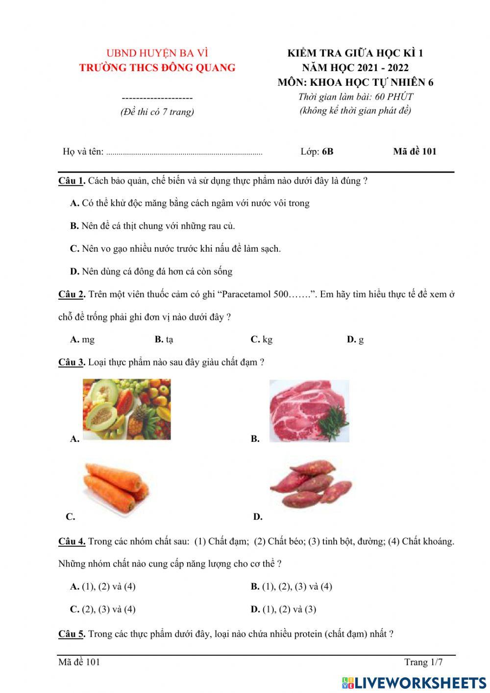 Kiểm tra giữa kì 1-KHTN 6B