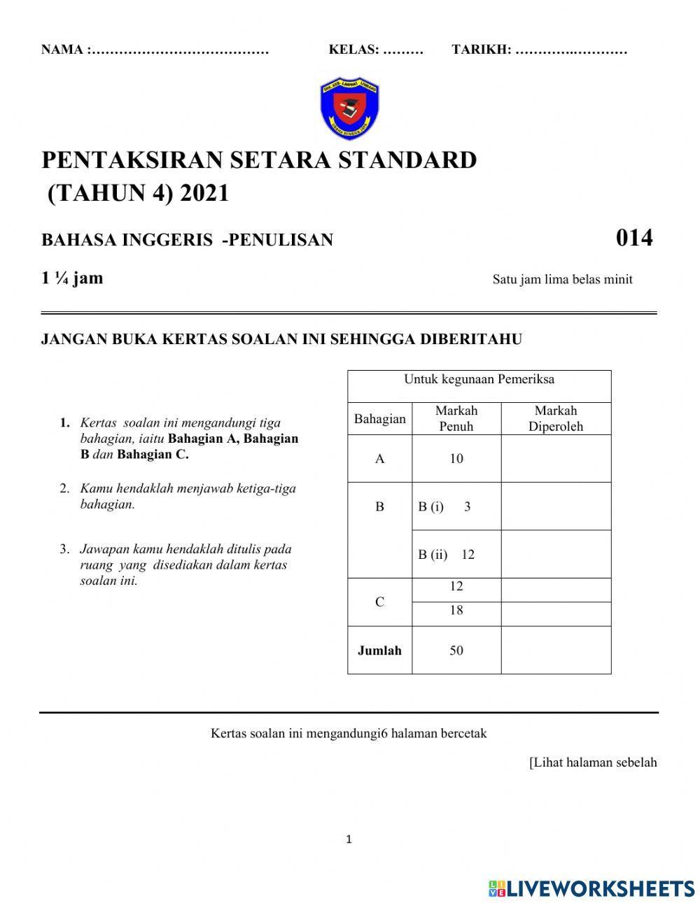 Pentaksiran Sumatif Bahasa Inggeris (Kertas 2) Tahun 4 2021