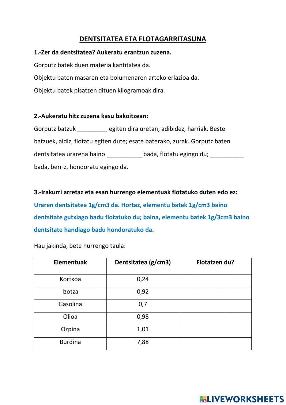 Dentsitatea eta flotagarritasuna