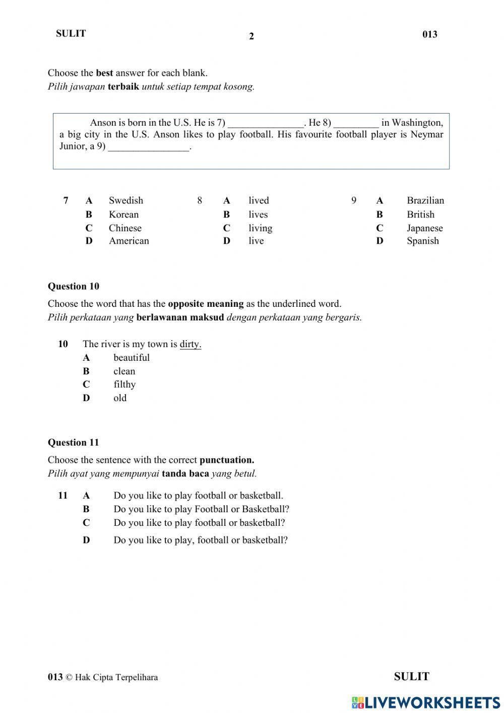 Pentaksiran Sumatif Bahasa Inggeris (Bahagian A) Tahun 5 2021