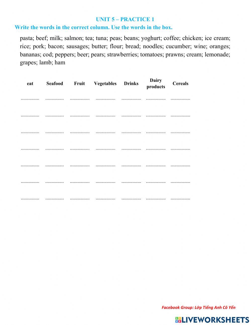 Y7 Unit 5 - List of food