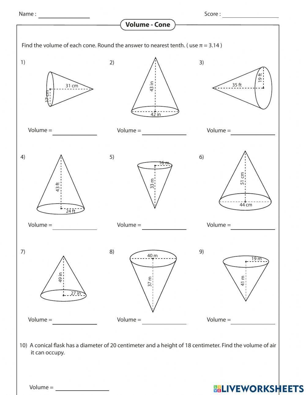 Volume of a Cone worksheet | Live Worksheets volume-of-a-cone-worksheet-live-worksheets