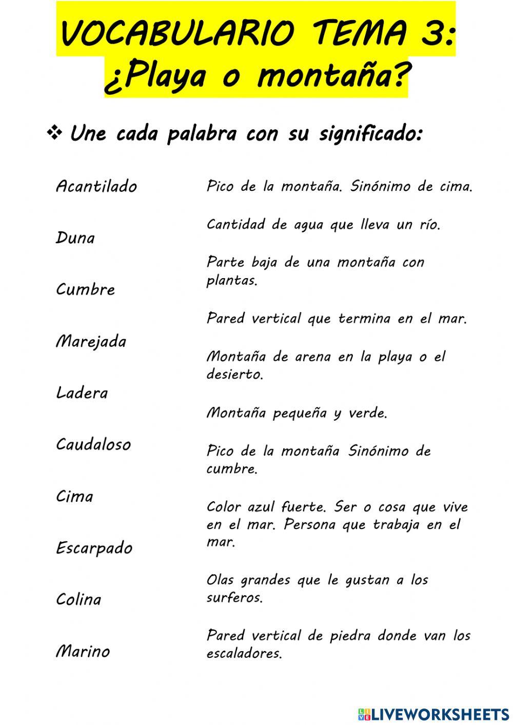 Vocabulario playa o montaña