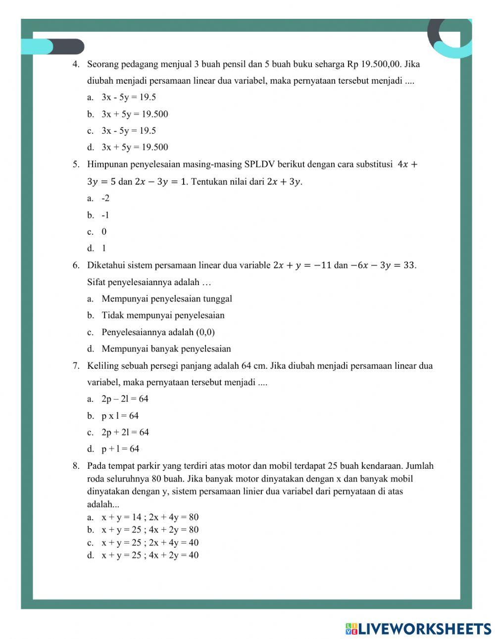Menyelesaikan sistem persamaan linear dua variabel