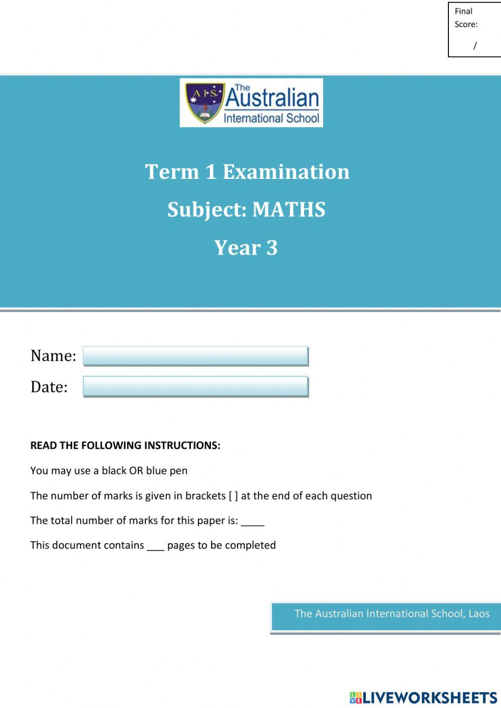 First Term Examination in Maths (Year 3)