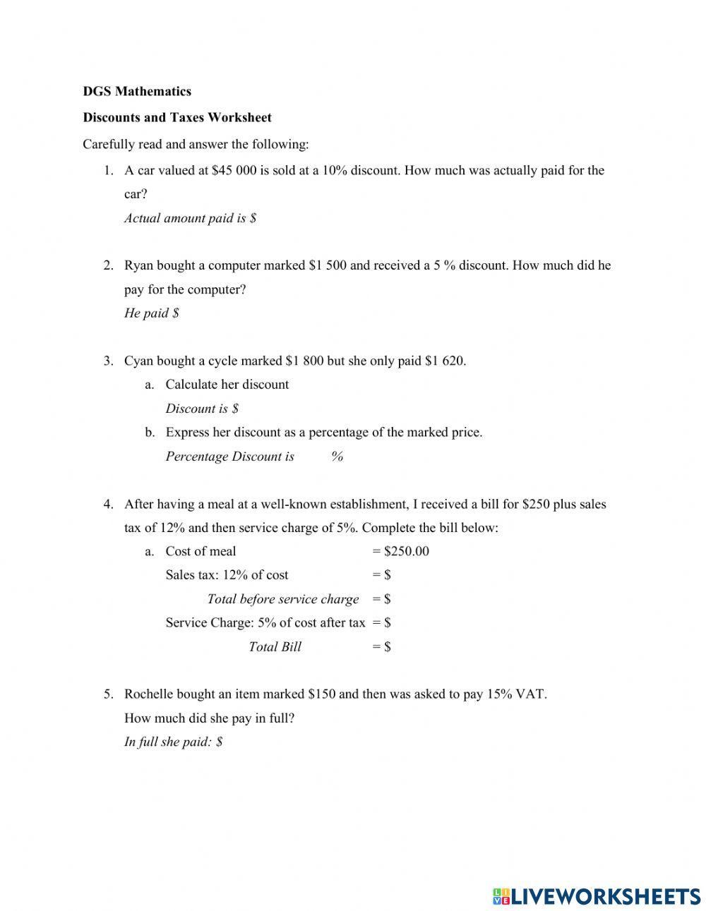 Discounts and Taxes Worksheet